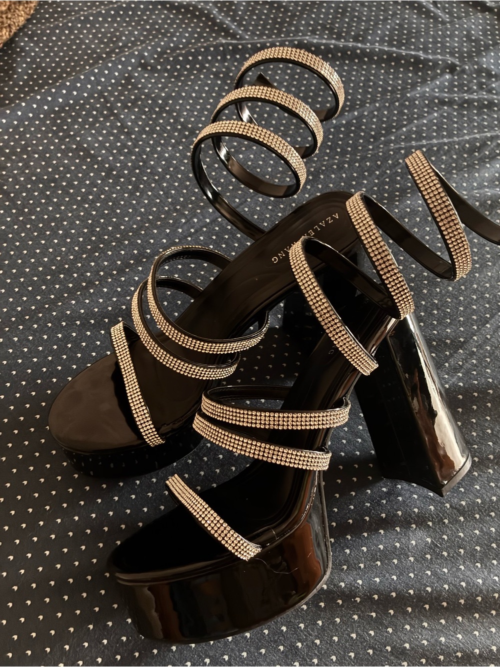AKIRA Black Rhinestone Spiral Platform Sandals with Gold Accents